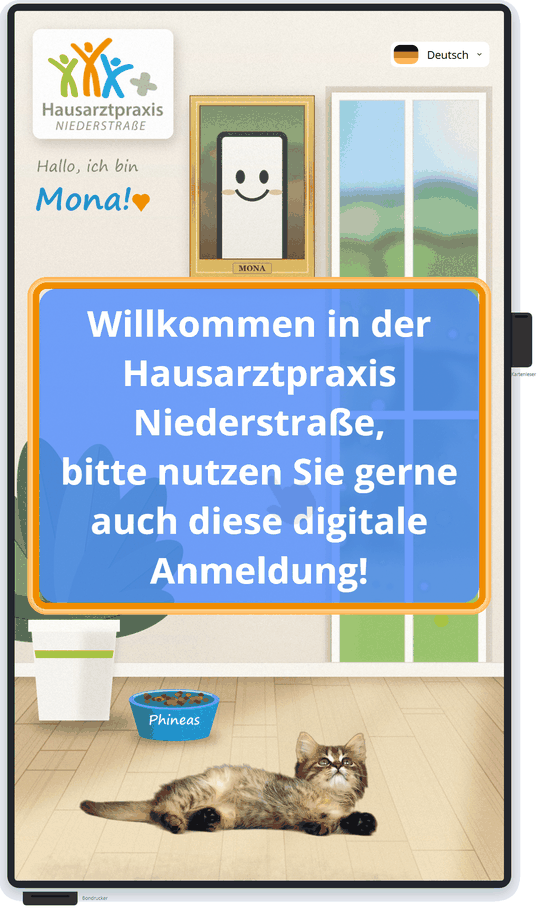 Startbildschirm von Mona: Bildschirm antippen, Sprache oben rechts wählbar
