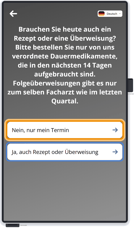 Frage nach Rezept oder Überweisung – Antwort ‚Nein, nur mein Termin‘ ist markiert